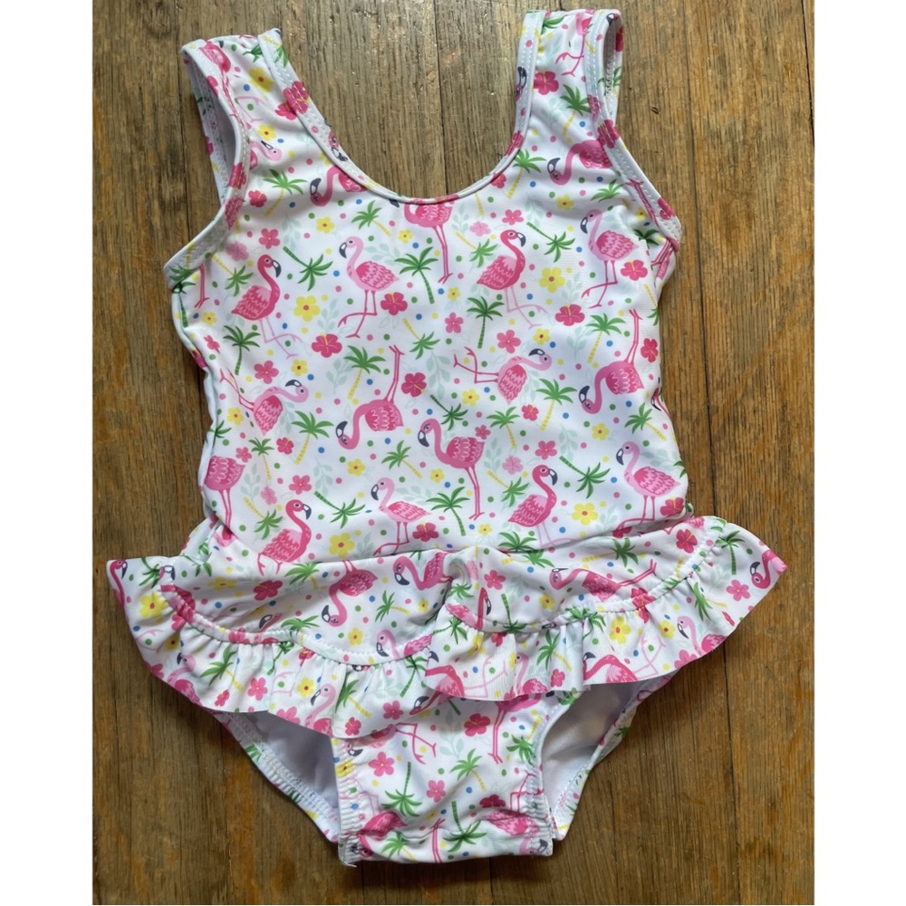 Flap Happy UPF 50 Stella Infant Ruffle Swimsuit Flamingo Party ~ sz 6 months